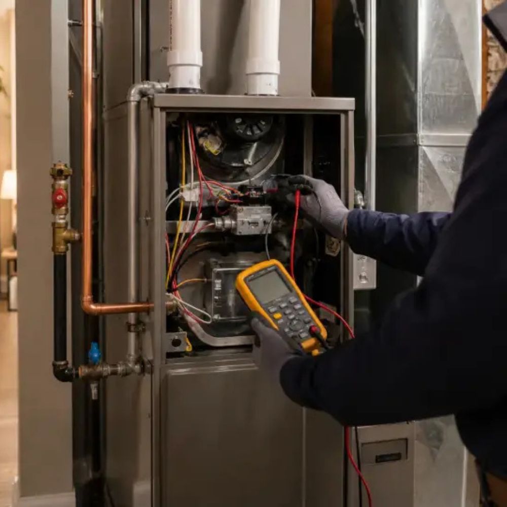 HVAC technician inspecting an air conditioning unit during a service visit